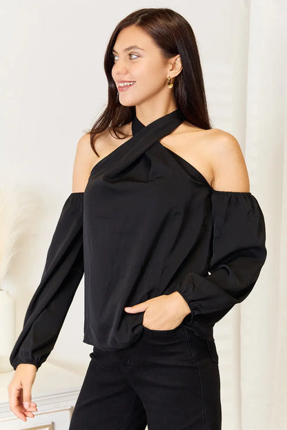 Black Perfee Grecian Cold Shoulder blouse with long sleeves and off-the-shoulder design