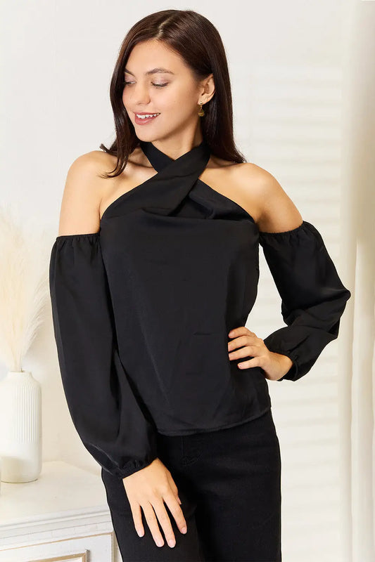 Women’s black Perfee Grecian Cold Shoulder blouse with long sleeves and off-the-shoulder style