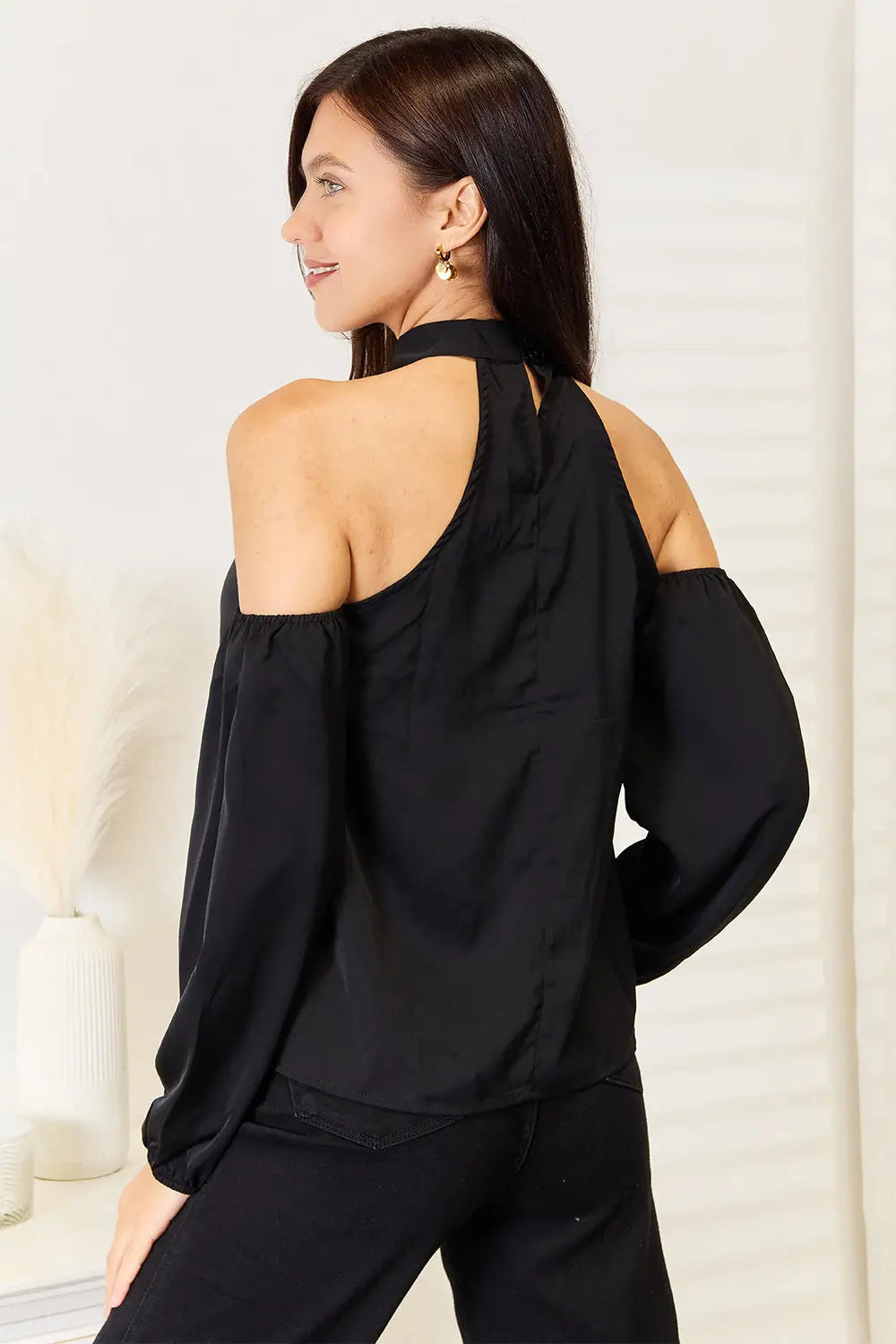 Women’s black Perfee Grecian Cold Shoulder long sleeve blouse with stylish cold shoulder design