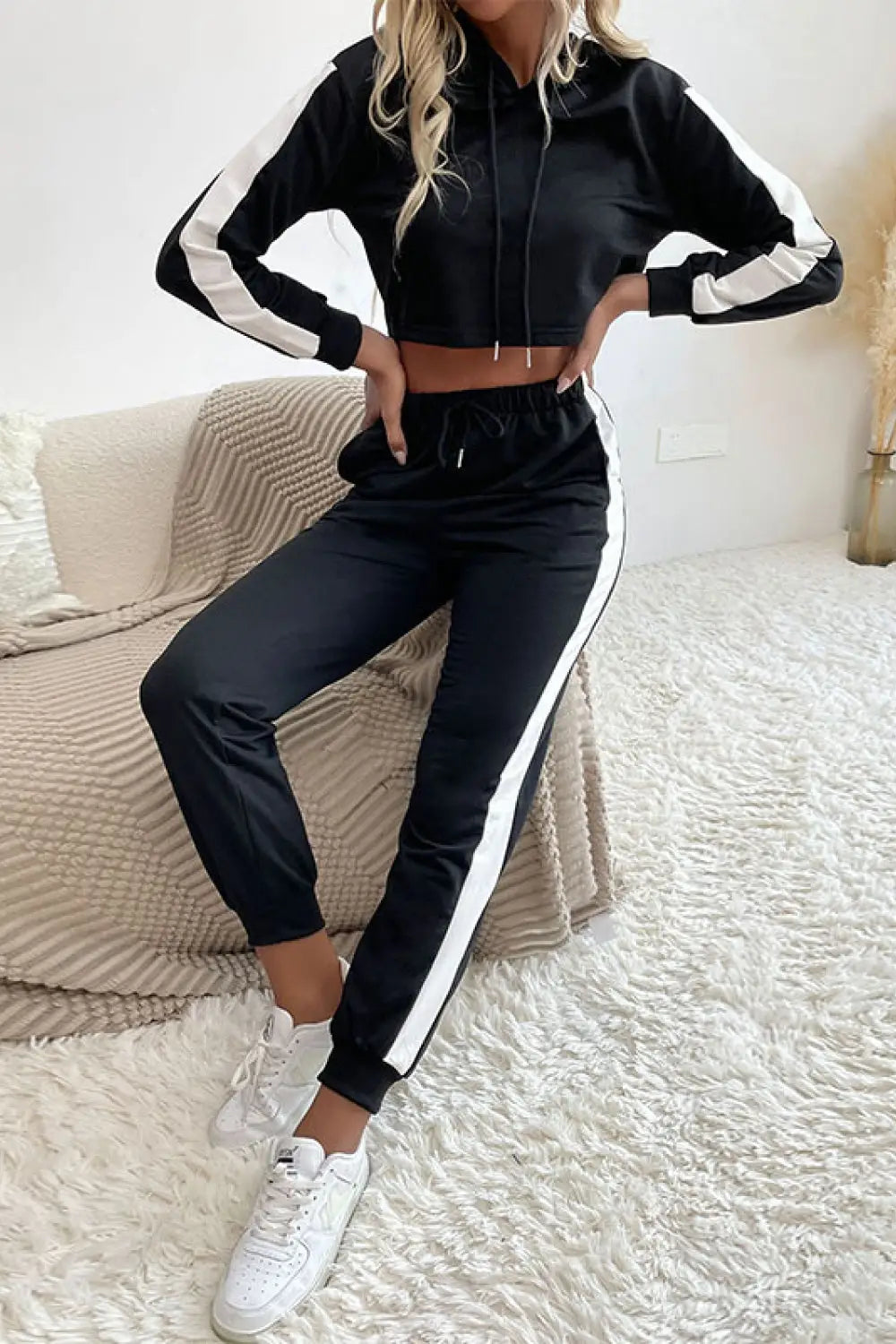 Perfee Side Stripe Cropped Hoodie and Jogger Set - 2 piece set