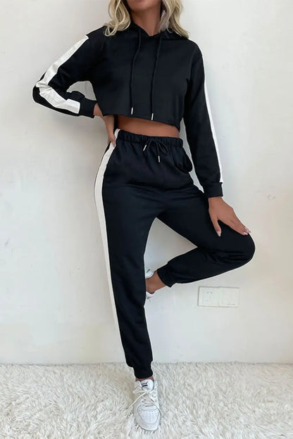 Perfee Side Stripe Cropped Hoodie and Jogger Set - 2 piece set