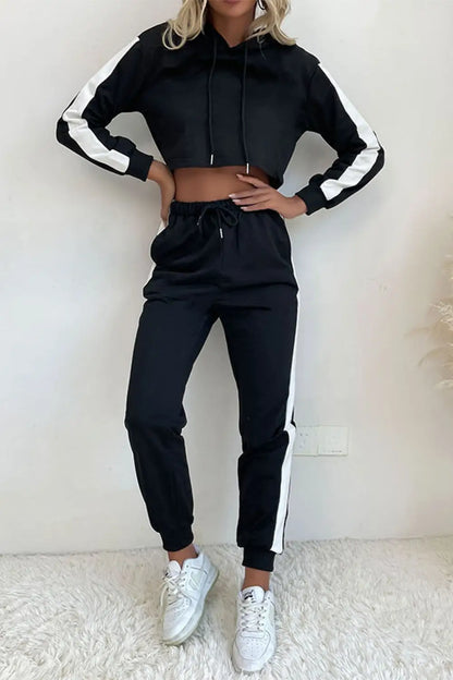 Perfee Side Stripe Cropped Hoodie and Jogger Set - Black / S - 2 piece set