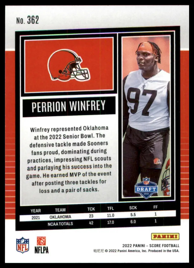 Perrion Winfrey football card from 2022 Score Rookie series featuring Cleveland Browns