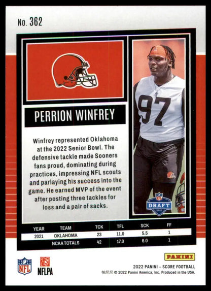 Perrion Winfrey football card from 2022 Score Rookie series featuring Cleveland Browns