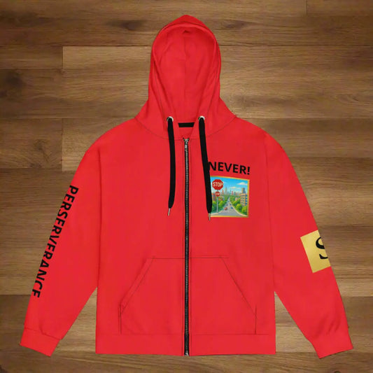 Red unisex zip hoodie with black drawstrings from PERSEVERANCE collection