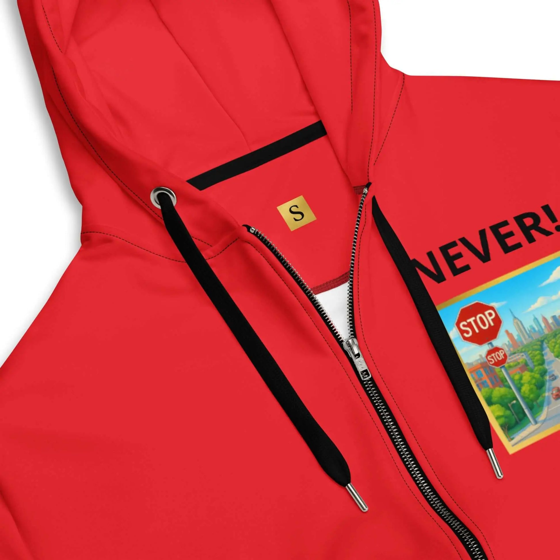 Unisex zip hoodie with graphic design, red color, black drawstrings, stylish and safe product