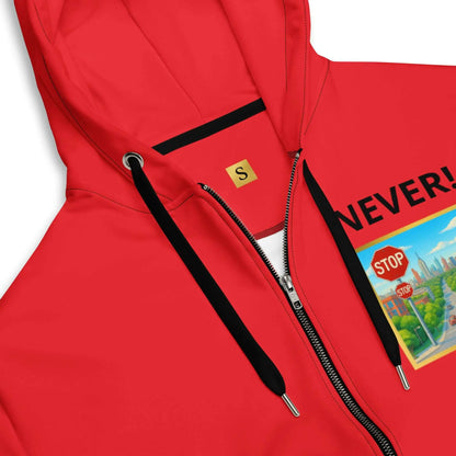Unisex zip hoodie with graphic design, red color, black drawstrings, stylish and safe product
