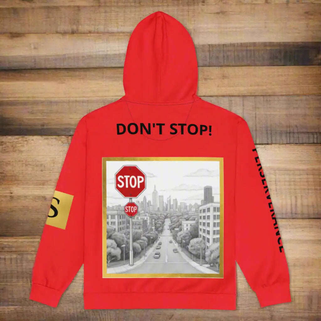 Red hooded sweatshirt with cityscape graphic and DON’T STOP! on back, unisex zip hoodie
