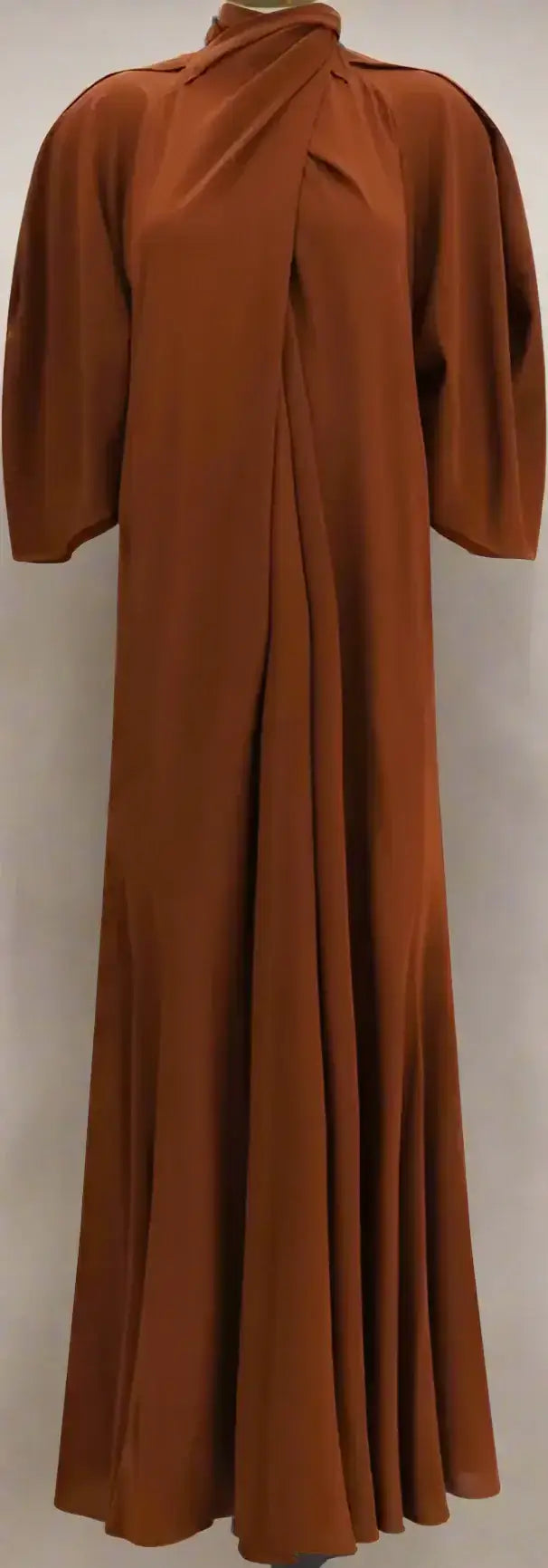 Petar Petrov Henna Silk Dress with rust color, high draped neckline, wide short sleeves