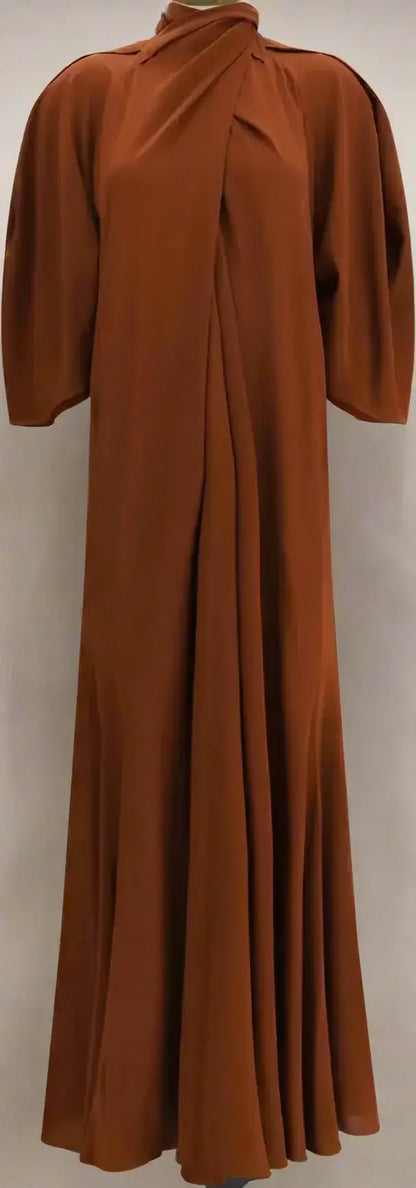 Petar Petrov Henna Silk Dress with rust color, high draped neckline, wide short sleeves