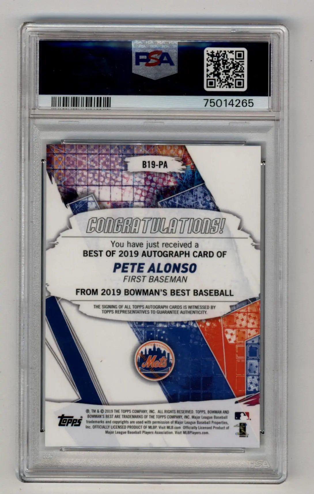 PSA-graded baseball card back of Pete Alonso 2019 Bowman’s Best Green Refractor Auto