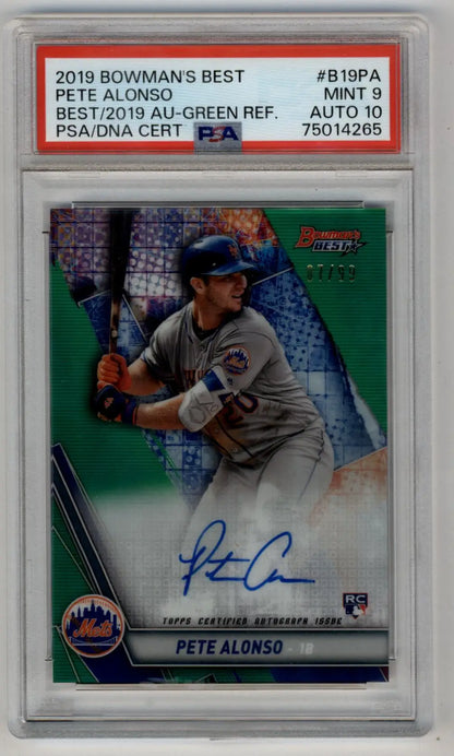PSA graded Pete Alonso 2019 Bowman’s Best Green Refractor Auto card 07/99