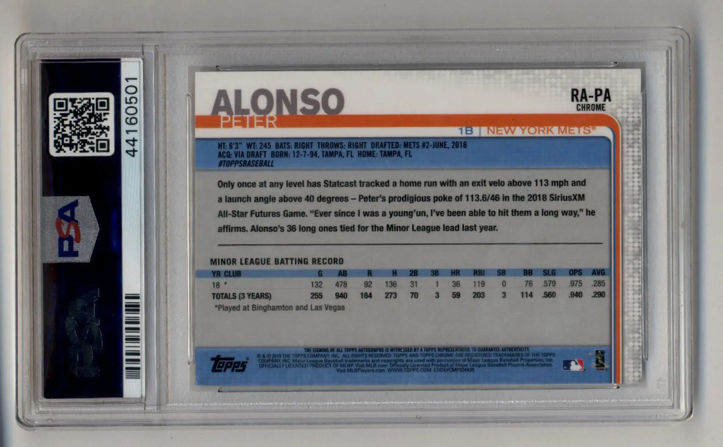 Pete Alonso 2019 Topps Chrome Rookie Auto PSA 10 Gem Mint card back statistics