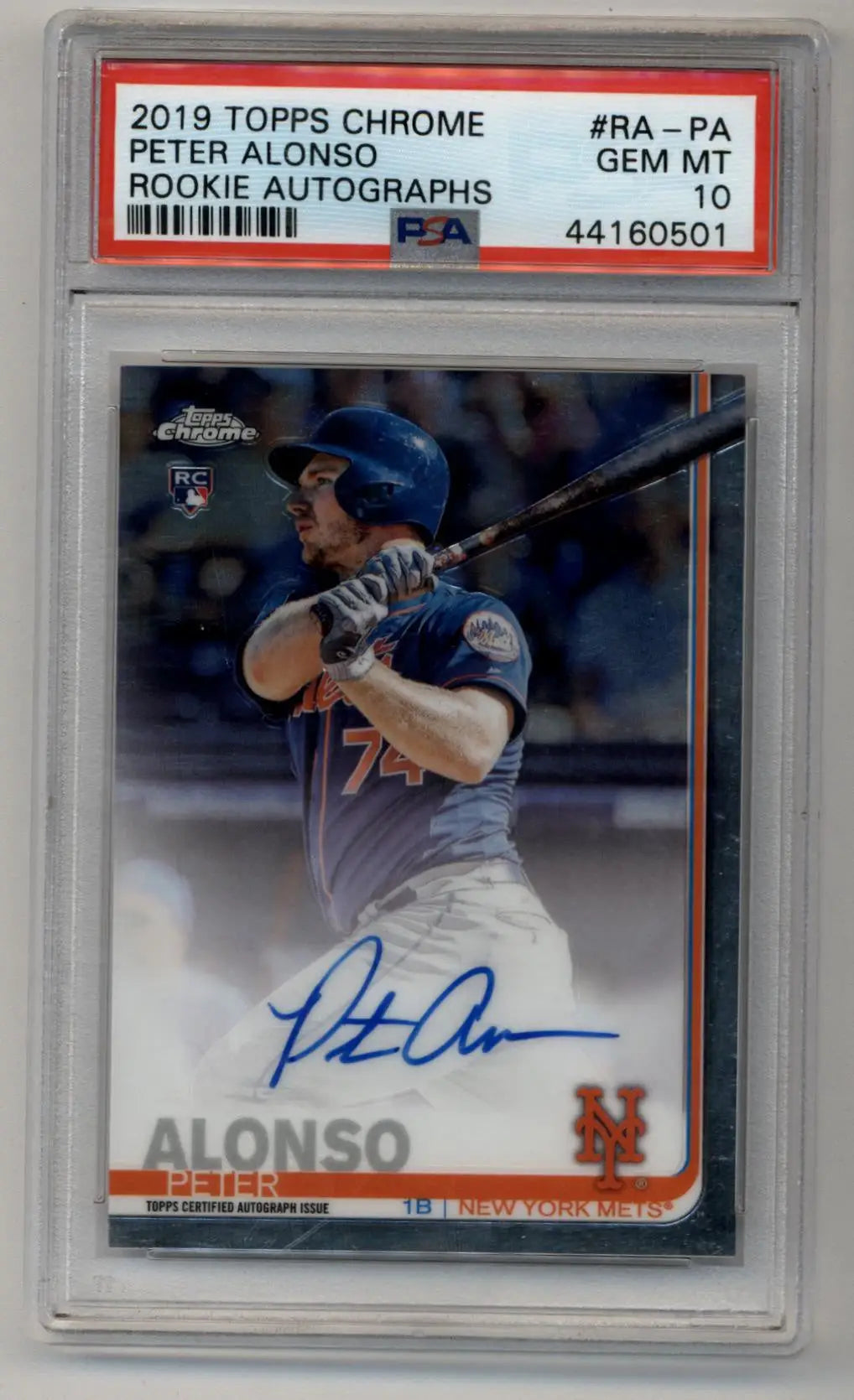 PSA 10 Gem Mint Pete Alonso 2019 Topps Chrome Rookie Auto in batting stance