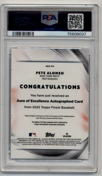 PSA-graded authentication card for Pete Alonso 2022 Finest Aura of Excellence Auto