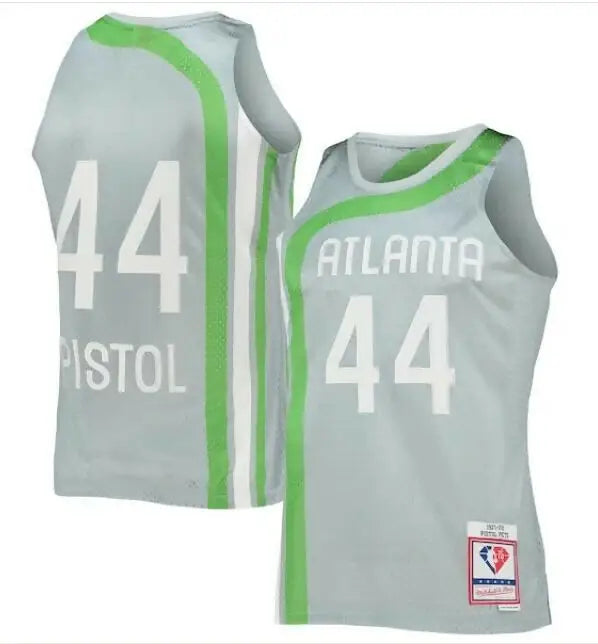 Light grey basketball jerseys with green and white stripes and the number 44 from Pete Maravich Atlanta Hawks Hardwood Classics