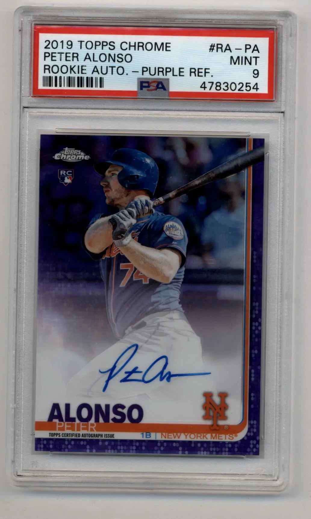 PSA graded 2019 Topps Chrome Rookie Auto Purple Refractor of Mets player Pete Alonso