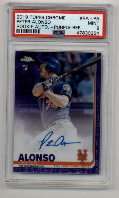 PSA graded 2019 Topps Chrome Rookie Auto Purple Refractor of Mets player Pete Alonso
