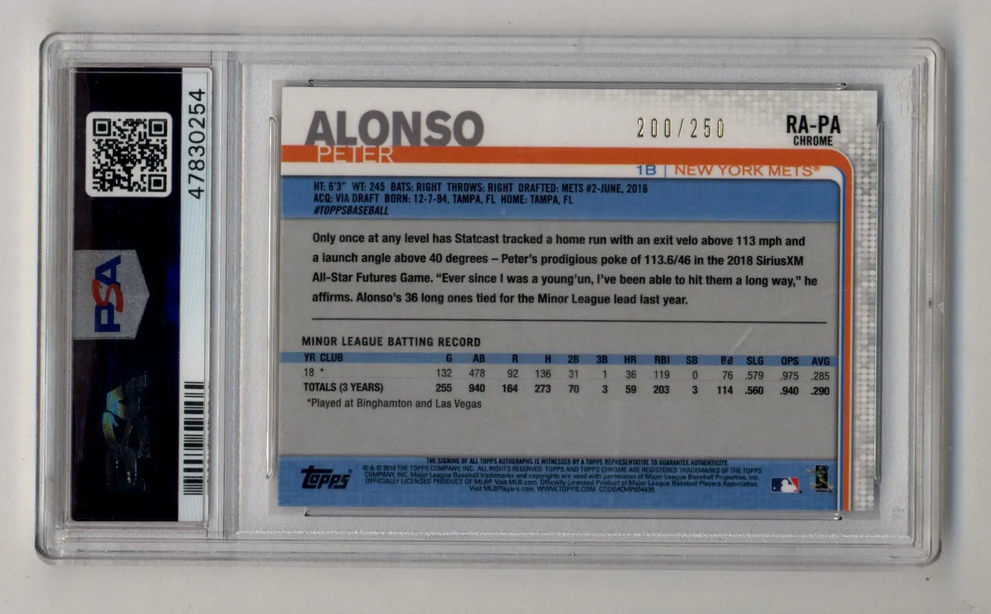 Peter Alonso 2019 Topps Chrome Rookie Auto Purple Refractor in protective case with QR code