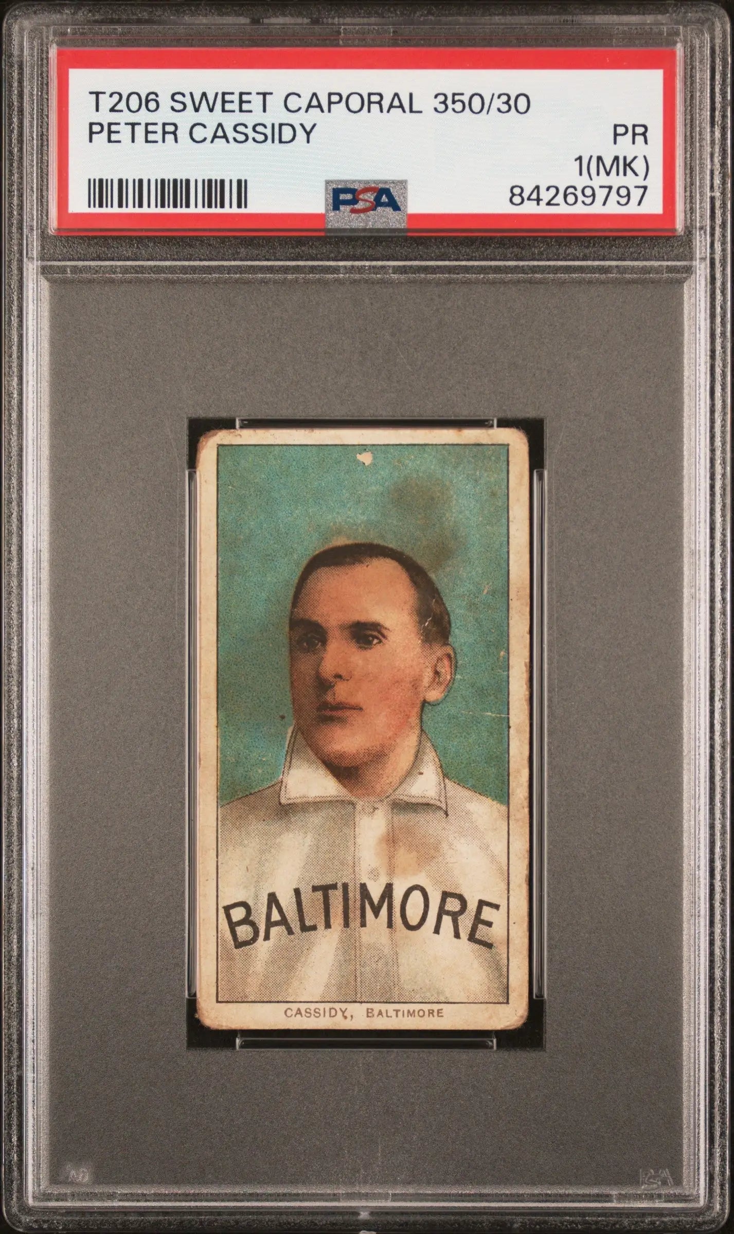 PSA-graded T206 Sweet Caporal card of Peter Cassidy against a light blue background