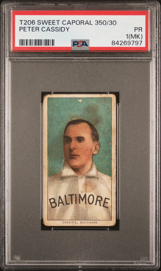 PSA-graded T206 Sweet Caporal card of Peter Cassidy against a light blue background