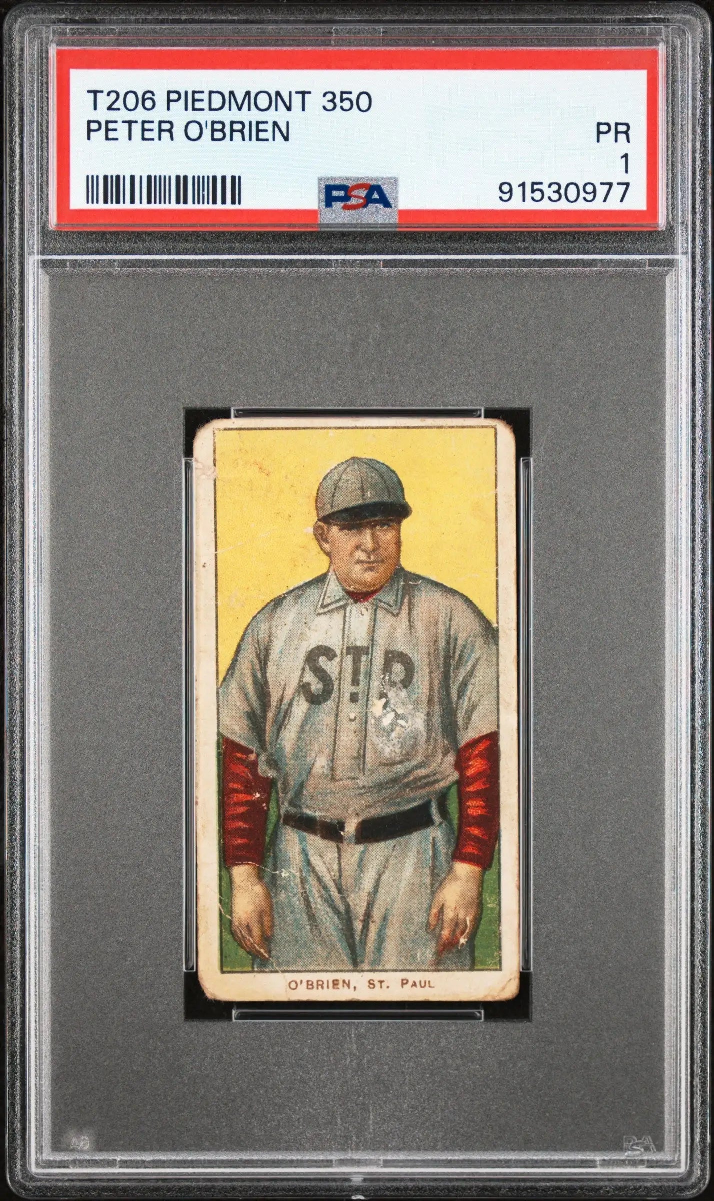 PSA-graded Peter O’Brien 1909-11 T206 Piedmont baseball card with St. Paul player