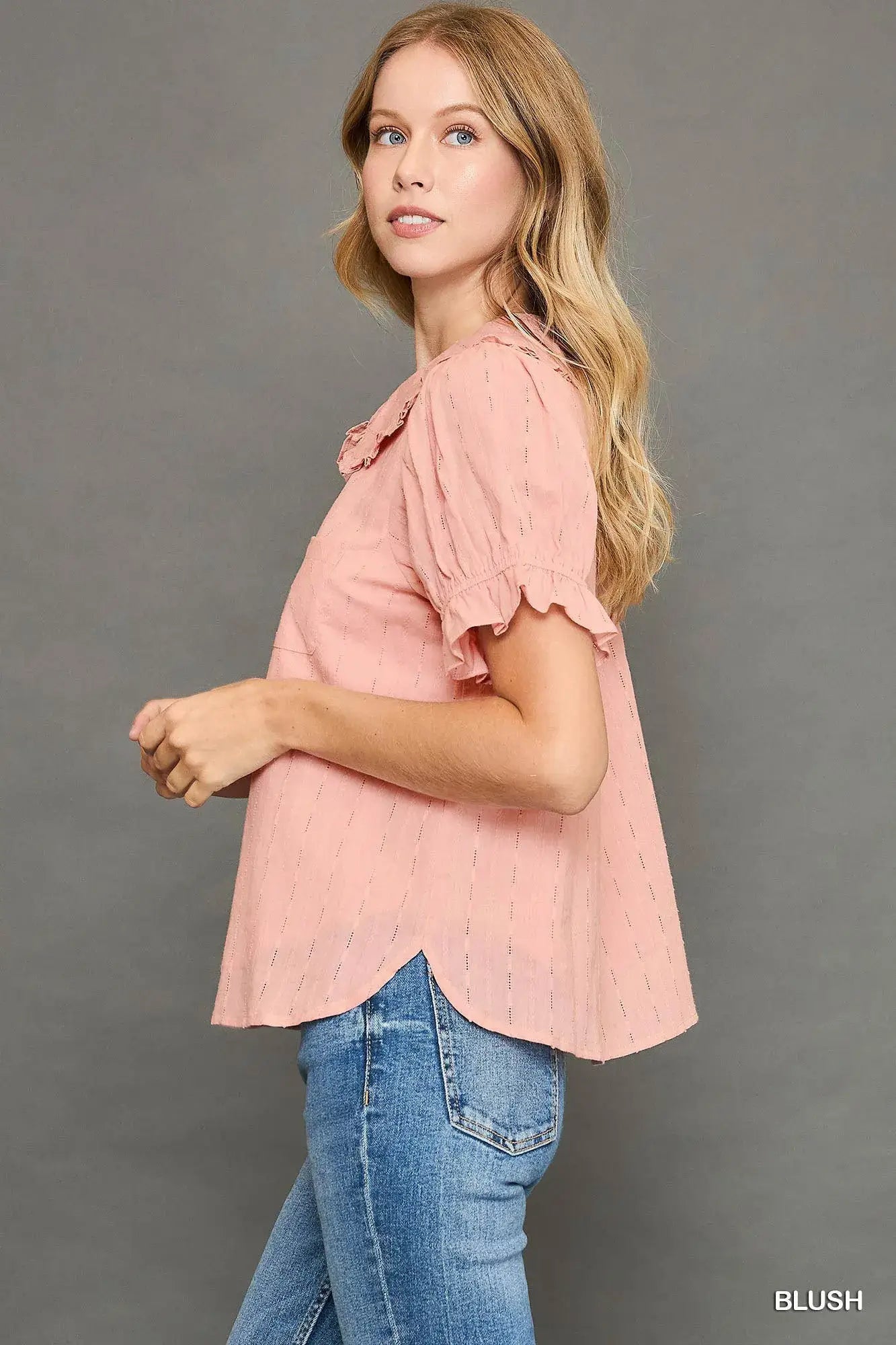 Peter Pan Collared Button Down Textured Shirt with Ruffled Detail - Shirt with Ruffled Detail