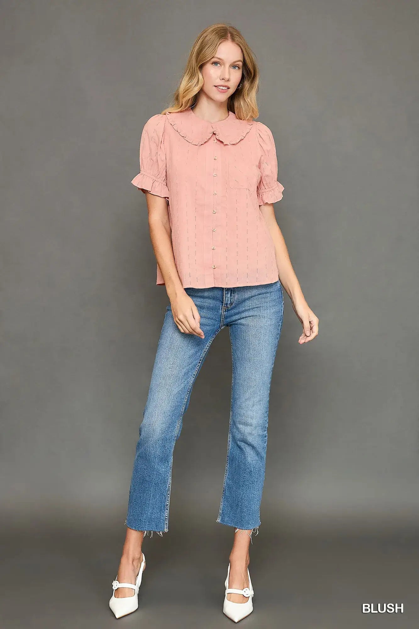 Peter Pan Collared Button Down Textured Shirt with Ruffled Detail - Shirt with Ruffled Detail