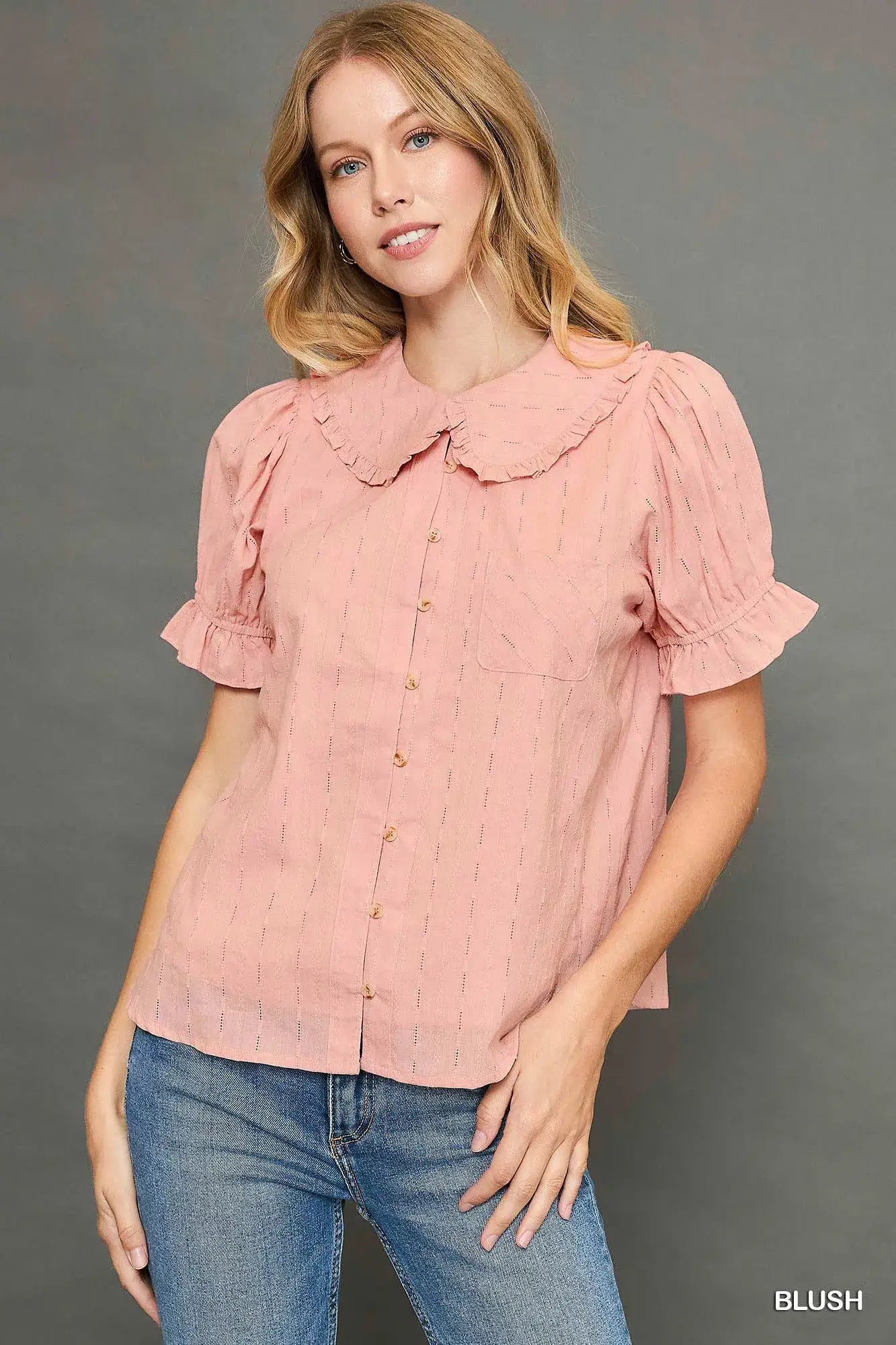 Peter Pan Collared Button Down Textured Shirt with Ruffled Detail - BLUSH / S - Shirt with Ruffled Detail