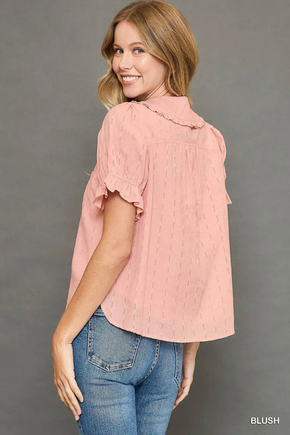 Peter Pan Collared Button Down Textured Shirt with Ruffled Detail - Shirt with Ruffled Detail