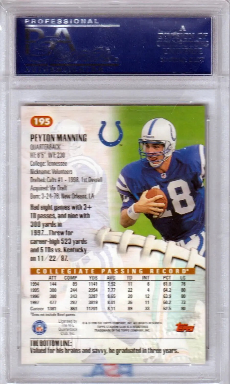 Peyton Manning 1998 Stadium Club RC Rookie #195 PSA 10 GEM MINT single card Colts player