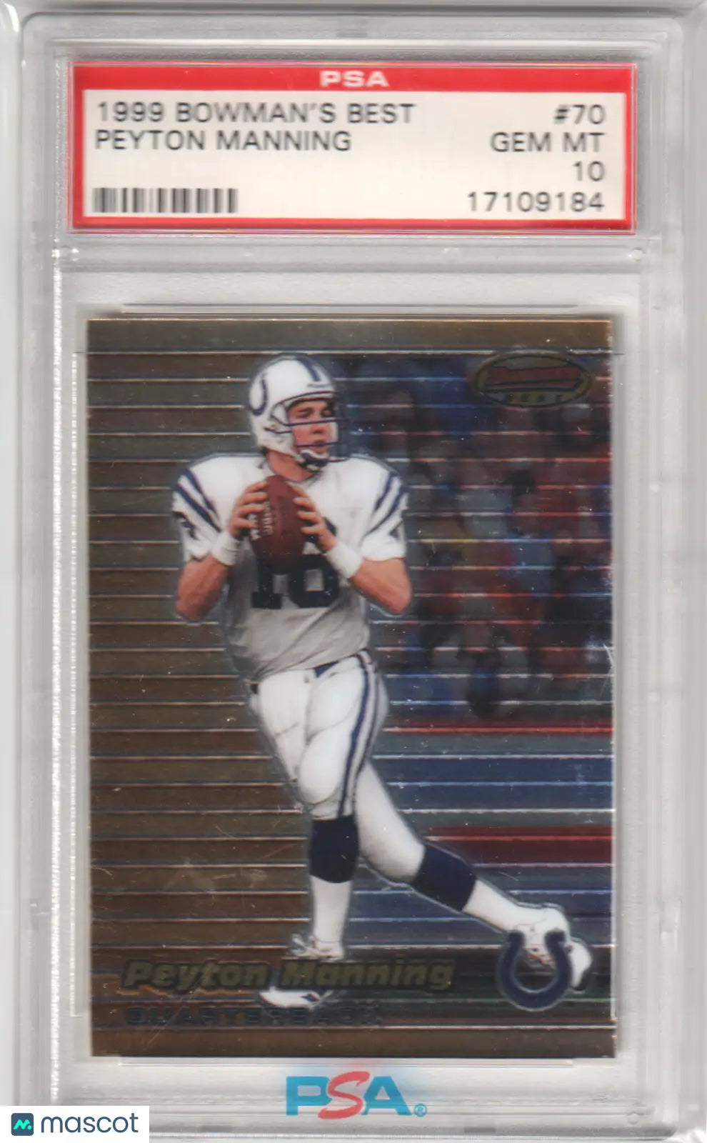 A graded 1999 Bowman’s Best Peyton Manning football card PSA 10 GEM MINT from Columbia Hobby