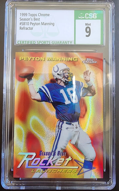 Graded 1999 Topps Chrome Seasons Best Rocket Football Card in protective case