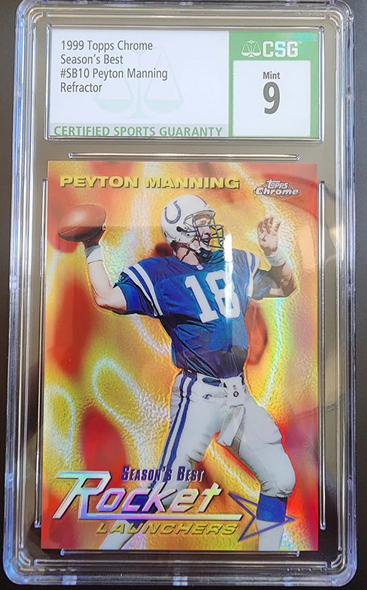 Graded 1999 Topps Chrome Seasons Best Rocket Football Card in protective case