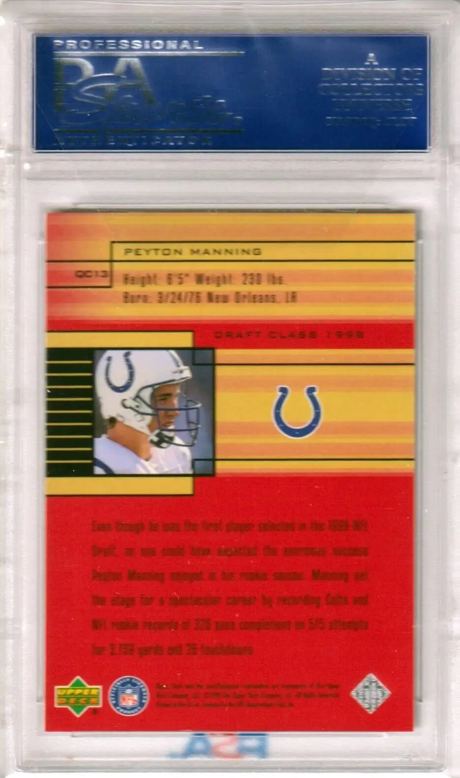 Peyton Manning 1999 Upper Deck Football card in case with blue and red, single cards