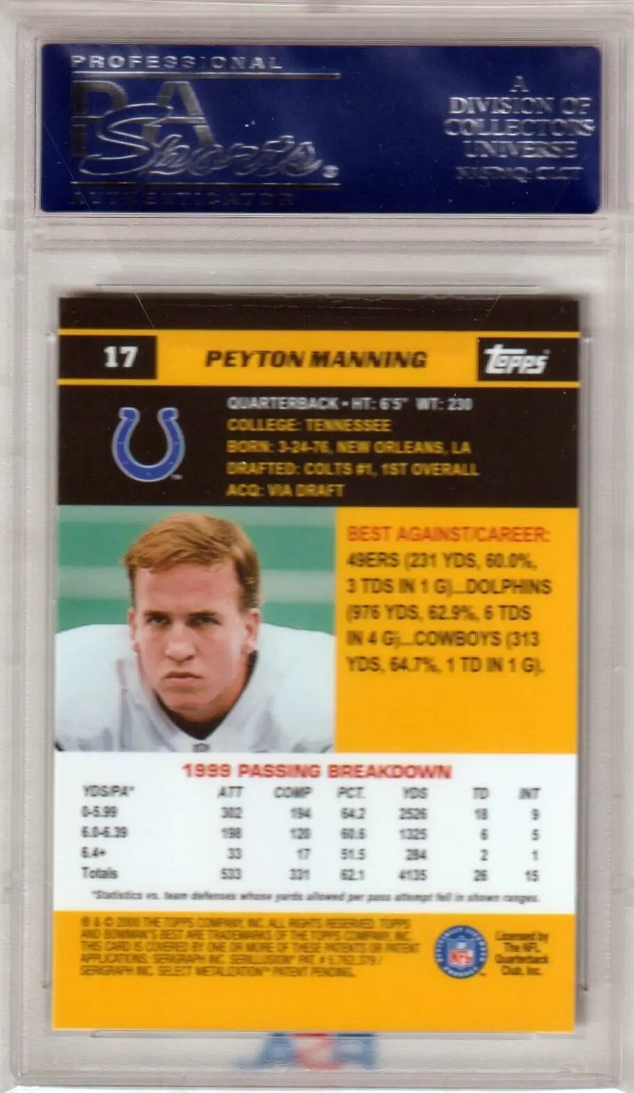 Professional football trading card in plastic case, PEYTON MANNING PSA 10 GEM MINT, Columbia Hobby