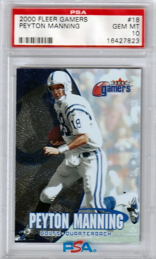 PSA-graded 2000 Fleer Gamers Peyton Manning #18 card in protective case from Columbia Hobby