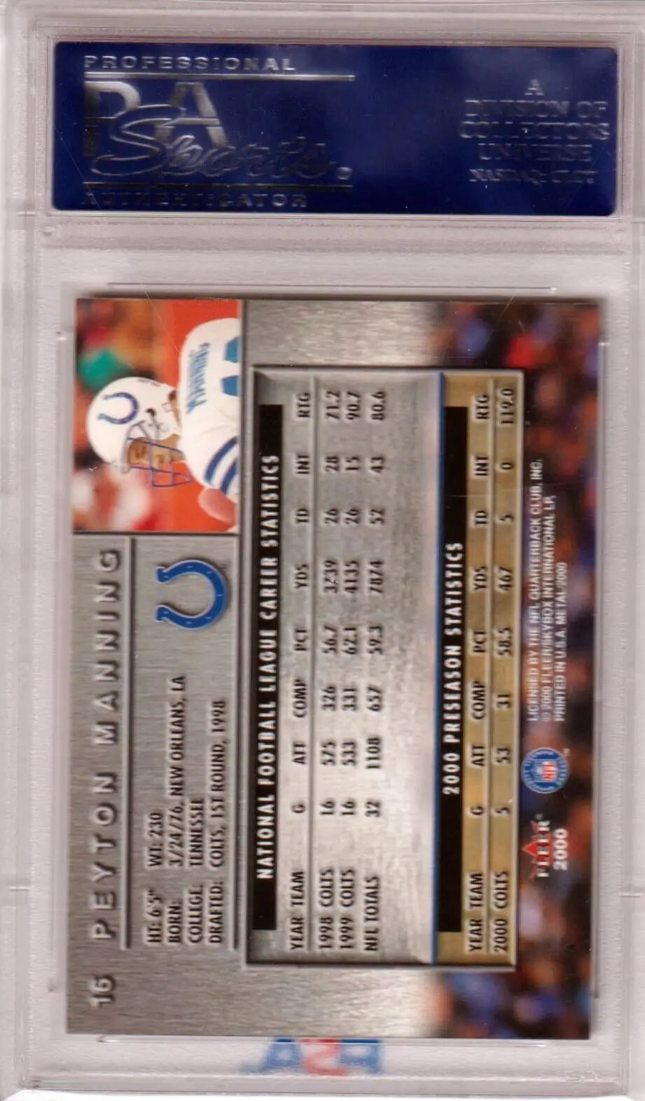 Football trading card in plastic case showcasing Peyton Manning stats for Columbia Hobby