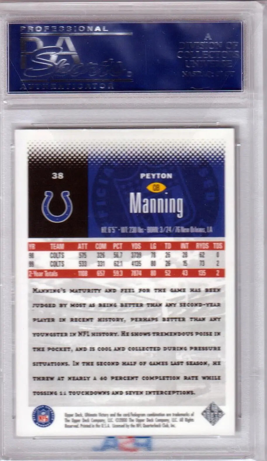 Football trading card in protective case featuring Indianapolis Colts logo and stats, perfect for single cards collectors
