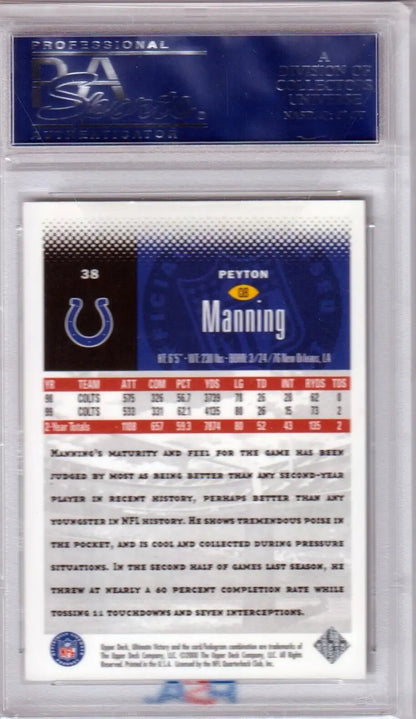 Football trading card in protective case featuring Indianapolis Colts logo and stats, perfect for single cards collectors