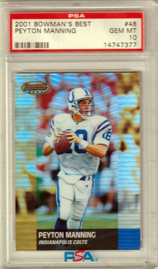 PSA-graded 2001 Bowman’s Best Peyton Manning Colts football card, single cards from Columbia Hobby