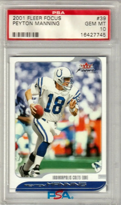 Peyton Manning 2001 Fleer Focus graded football card in Columbia Hobby display