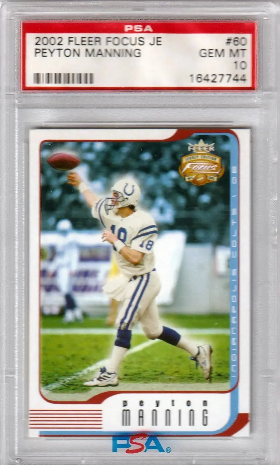 Peyton Manning football card from 2002 Fleer Focus featuring Colts player, collectible item