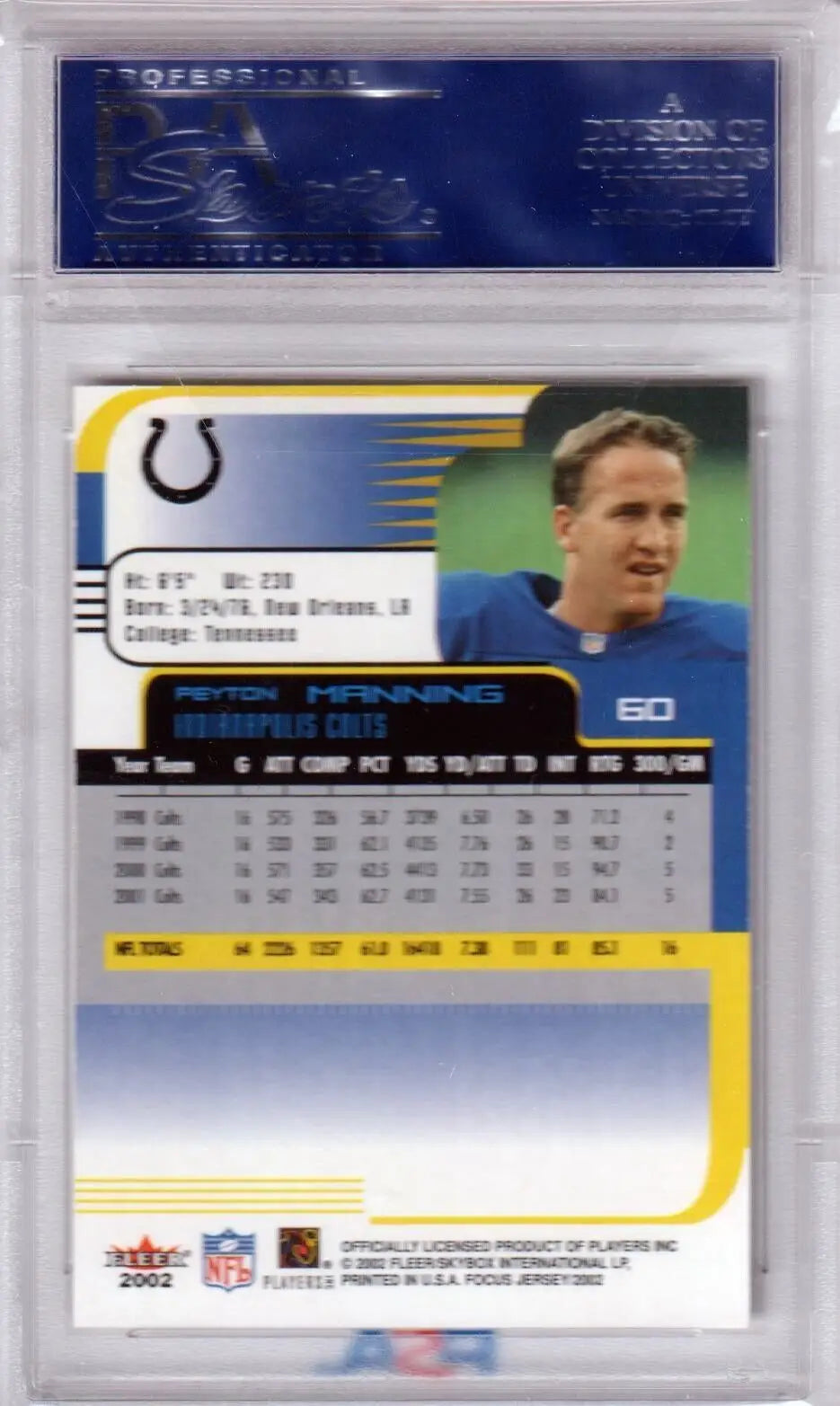 Peyton Manning football card from 2002 Fleer Focus JE PSA 10 GEM MINT featuring Columbia Hobby