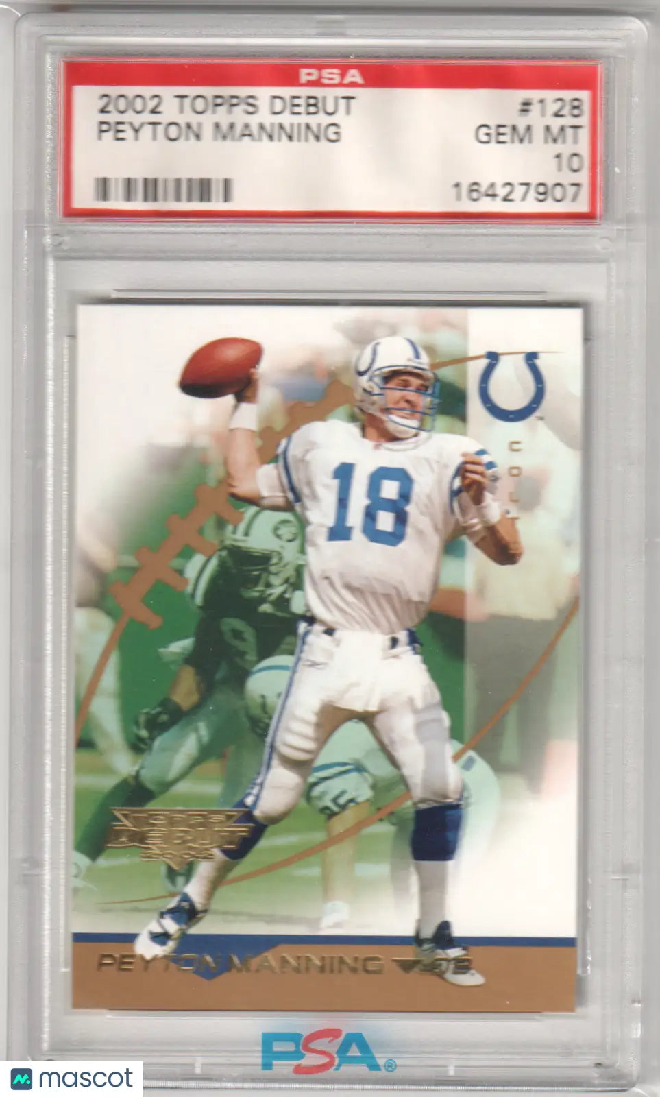 Peyton Manning 2002 Topps Debut card in protective slab, GEM MT 10, Columbia Hobby