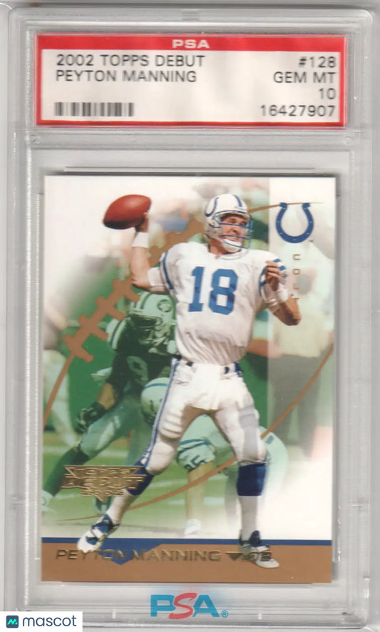 Peyton Manning 2002 Topps Debut card in protective slab, GEM MT 10, Columbia Hobby