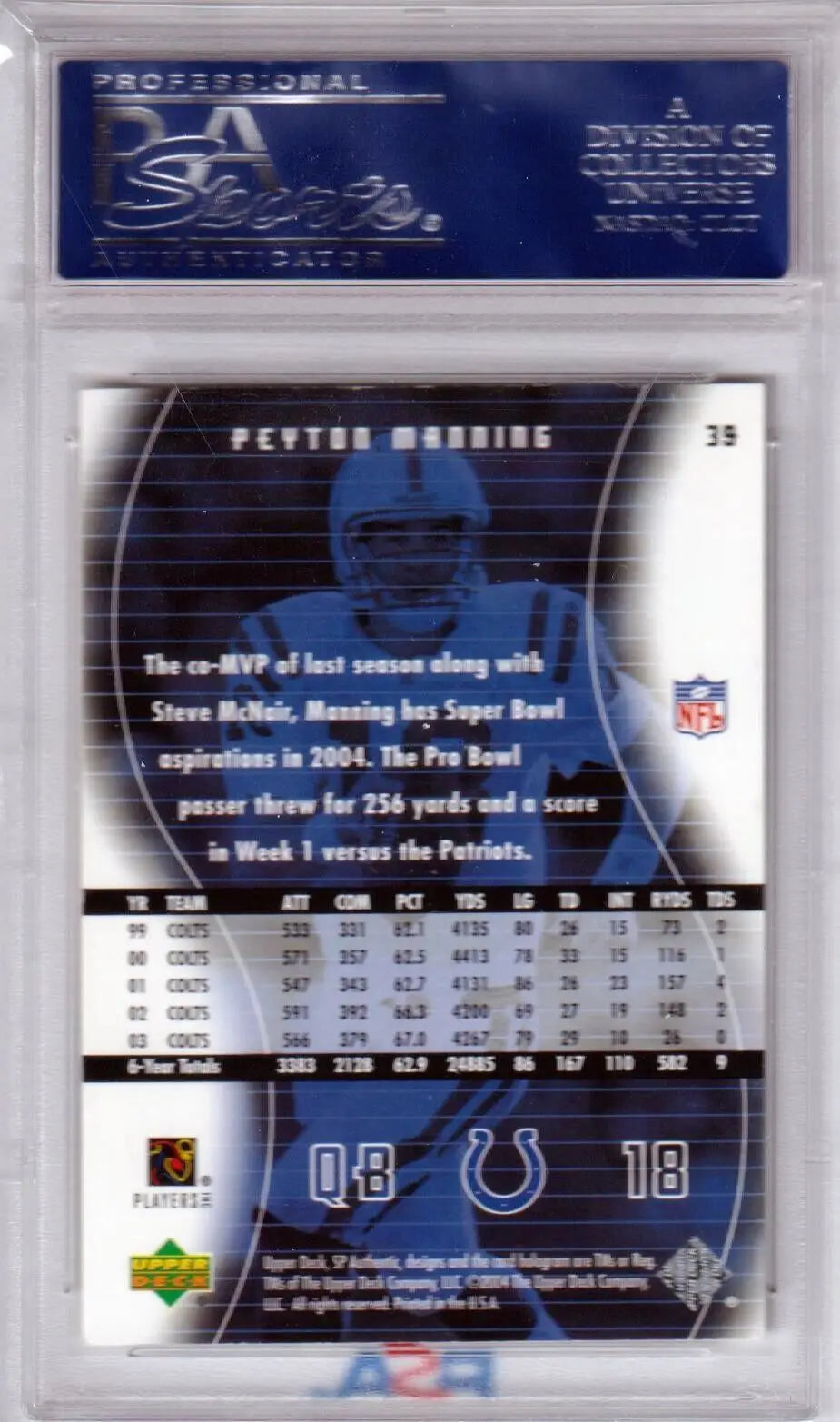 Professional football trading card in protective case featuring Colts colors and stats
