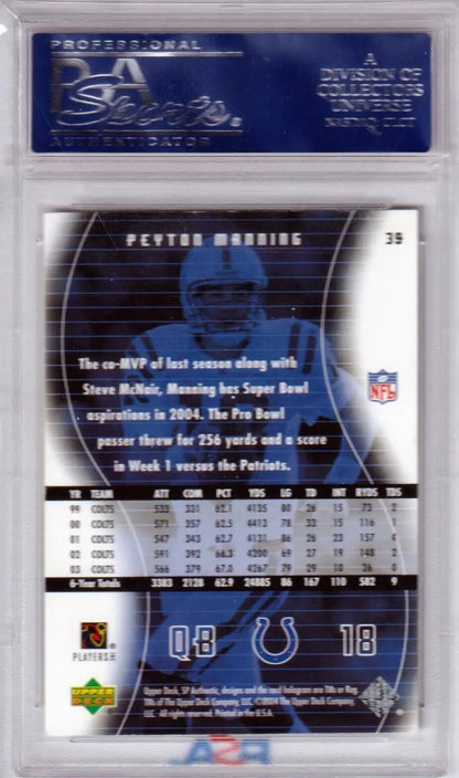 Professional football trading card in protective case featuring Colts colors and stats