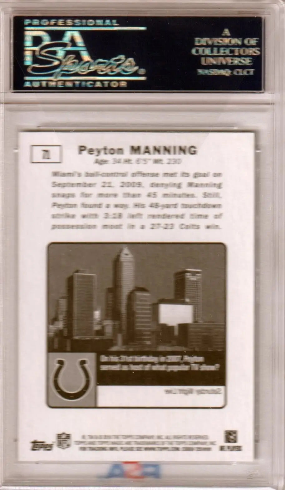 Professional sports trading card of Peyton Manning in protective case with city skyline design