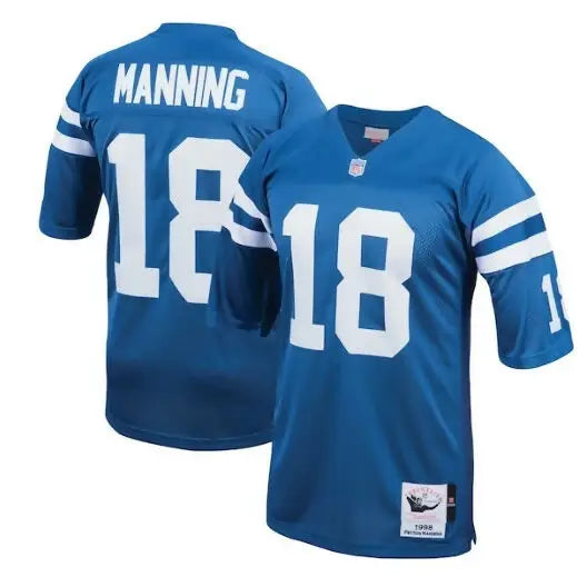 Blue Peyton Manning Colts 1998 throwback jersey with white stripes and player name